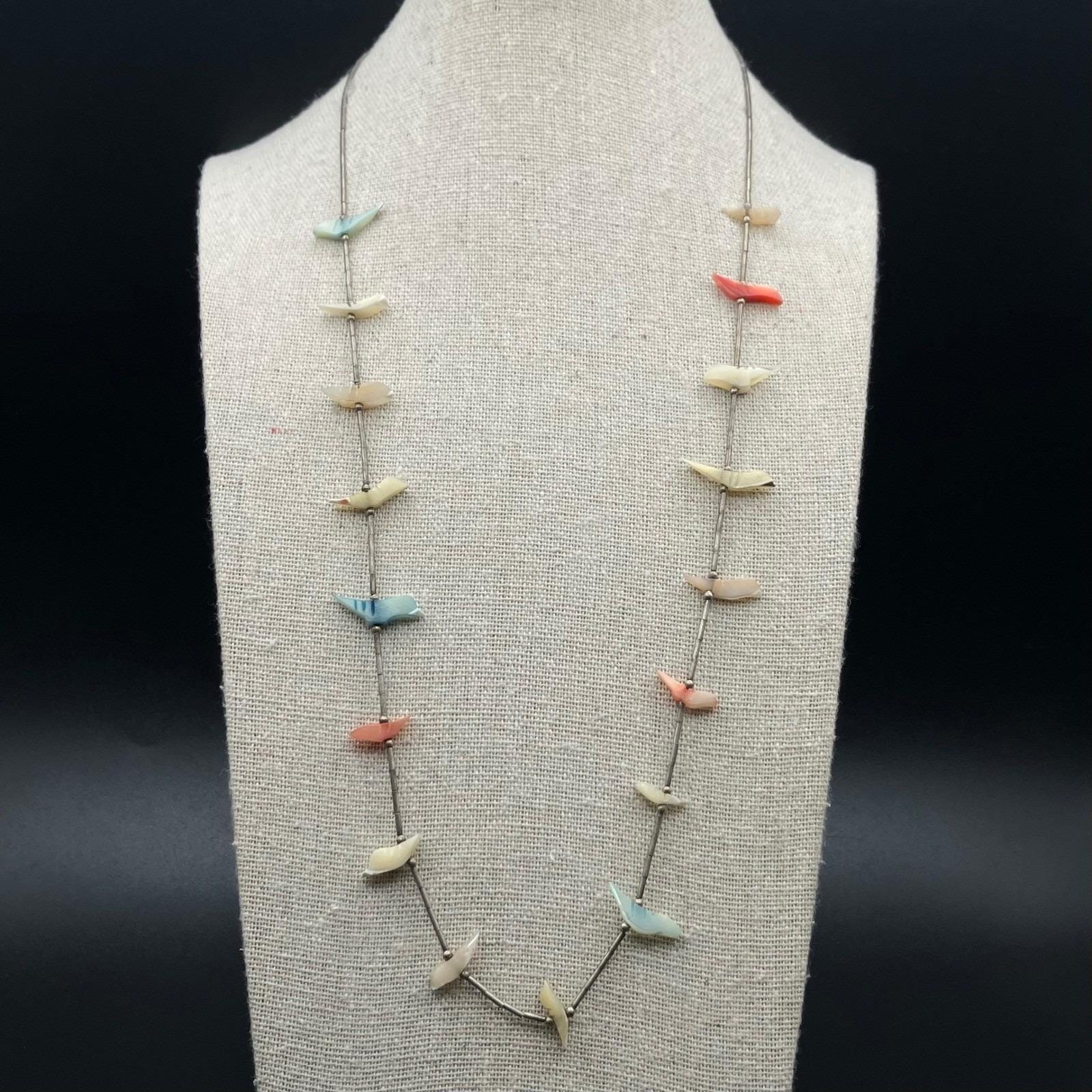 Artisan Liquid Sterling Heishi Beads Mother Of Pearl Bird Fetish Necklace 24"